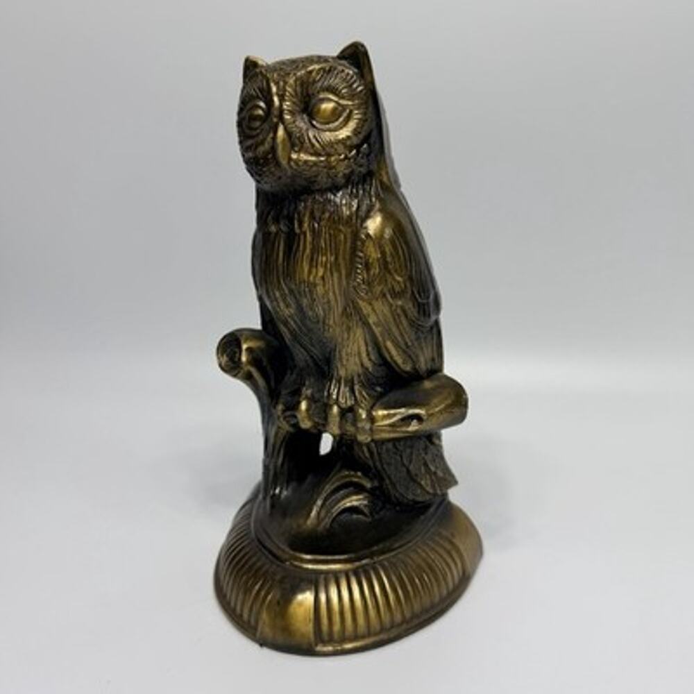 Gold Vintage Brass Owl on Branch Bookend 1974 SCC Cast Metal MCM Figurine 8"
